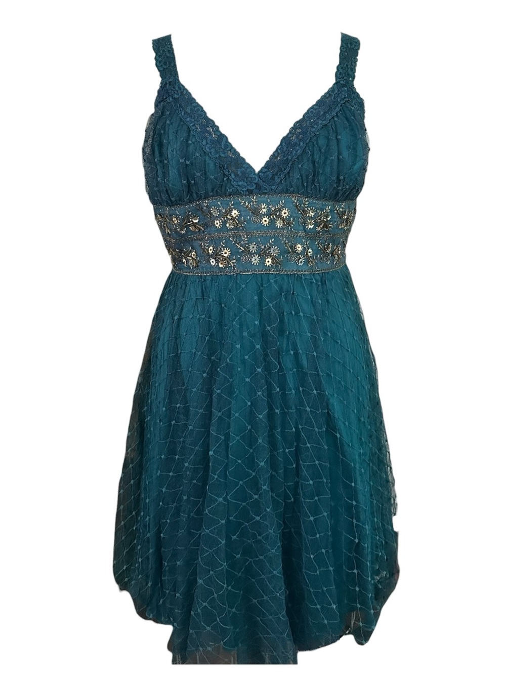 Vintage 90s y2k Betsey Johnson Teal Embroidered Fairy Dress L